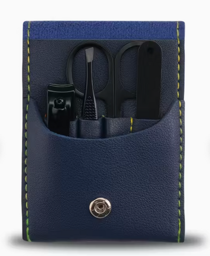 Manicure set in navy blue leather pouch. 4 pieces in black steel