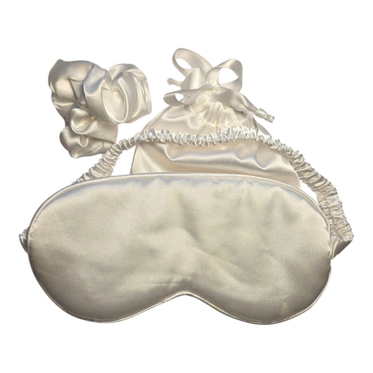 White silk eyemask, hair-tie & pochette. 3-piece set + Jet Candy MINI