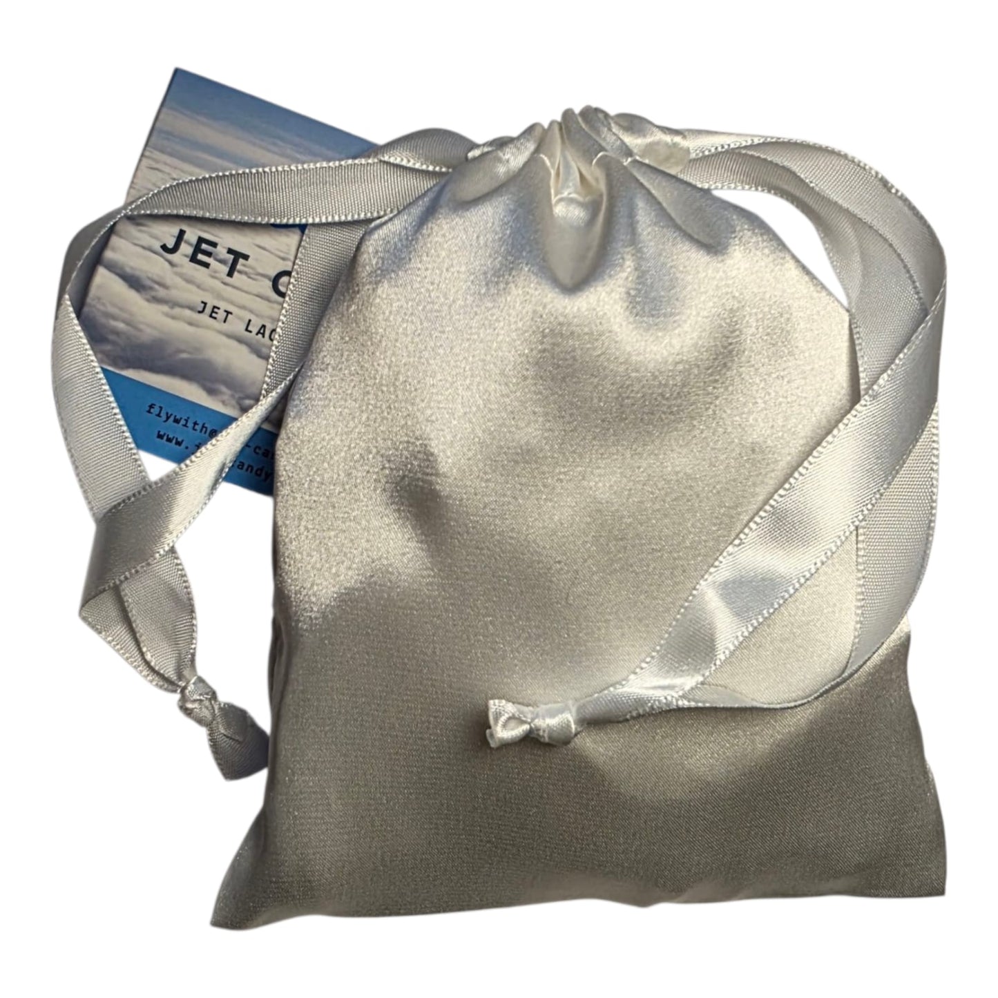 White silk eyemask, hair-tie & pochette. 3-piece set + Jet Candy MINI