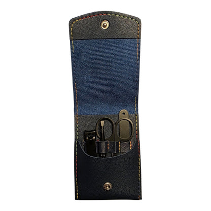 Manicure set in navy blue leather pouch. 4 pieces in black steel